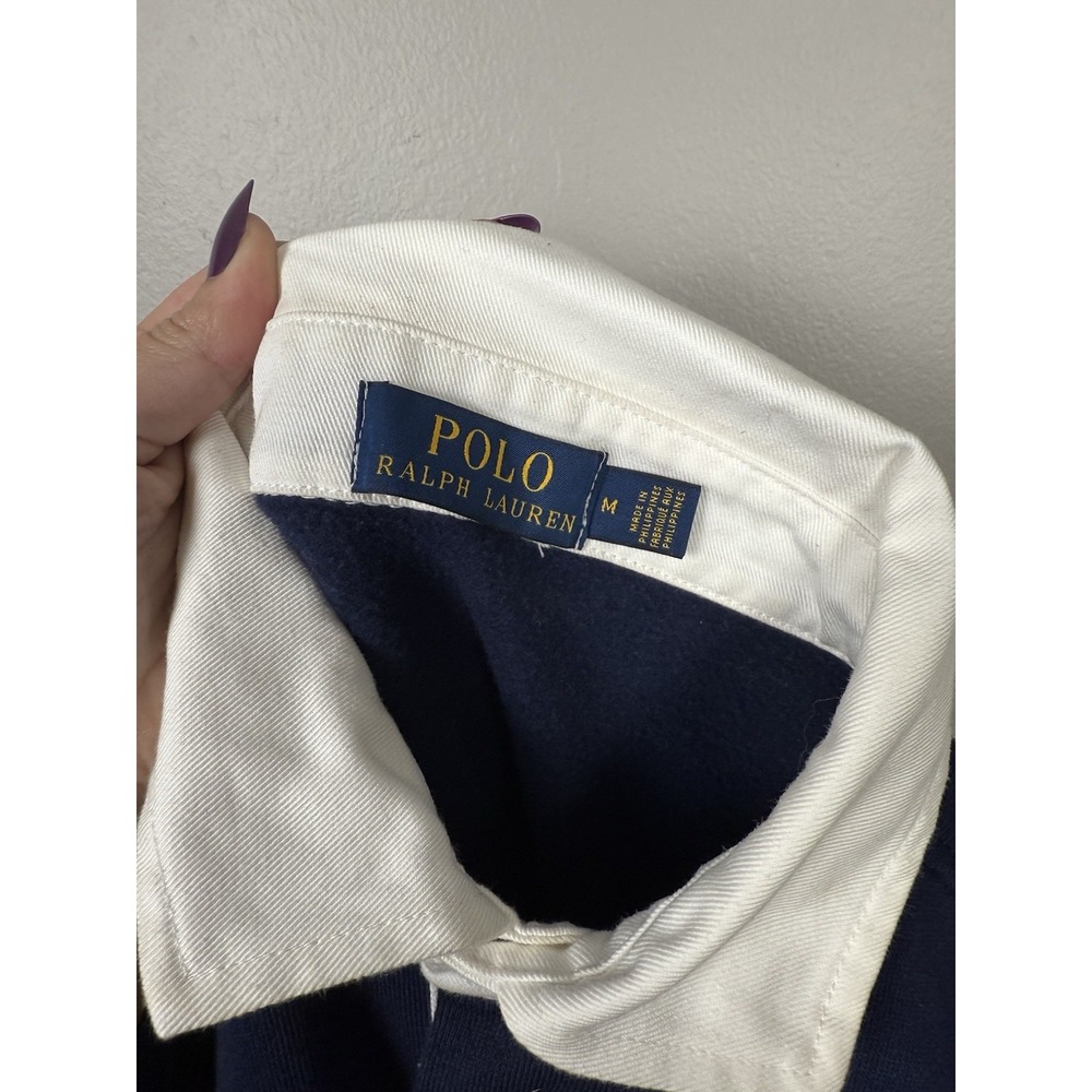 Polo Ralph Lauren Logo Spellout Rugby USA Colorblock Sweatshirt Blue White Shirt - Picture 7 of 9